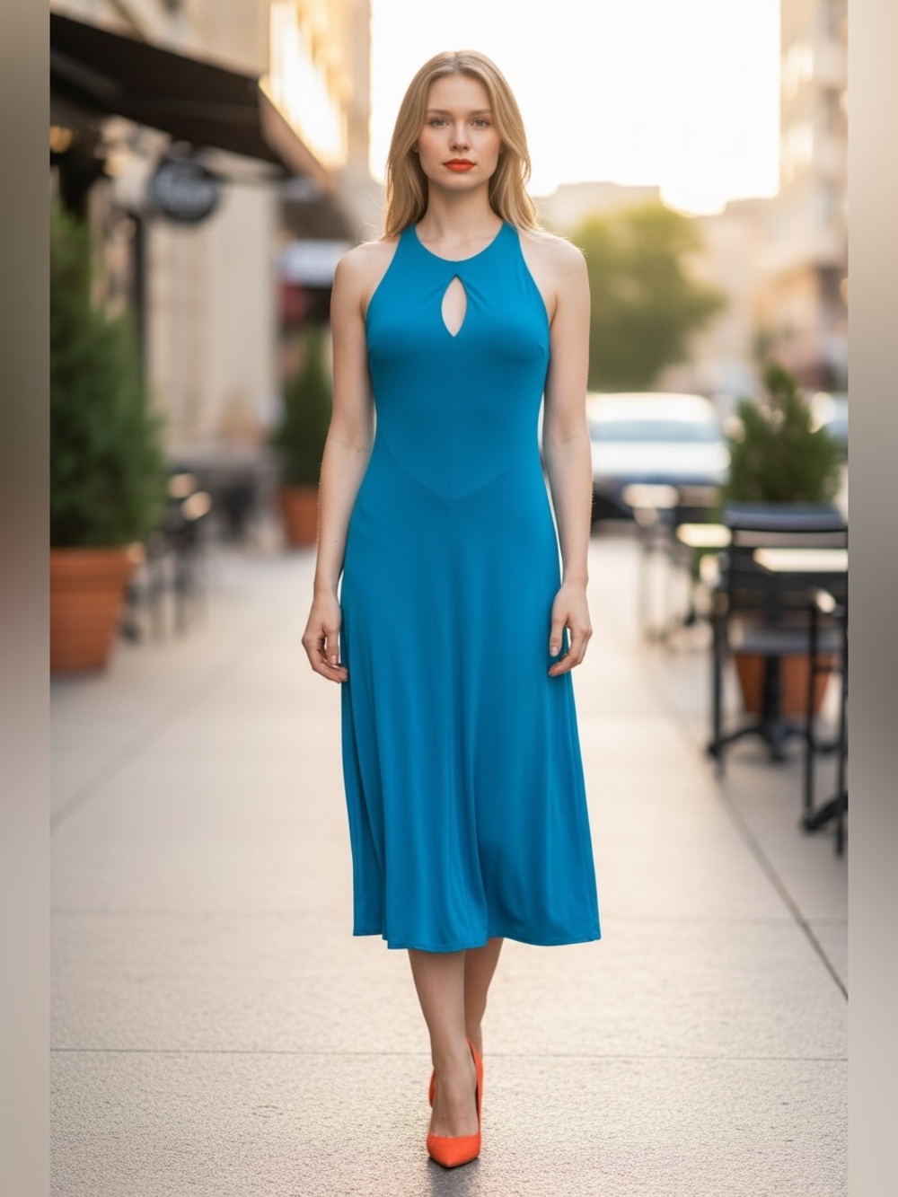 Versace Teal Halter Midi Dress with Keyhole